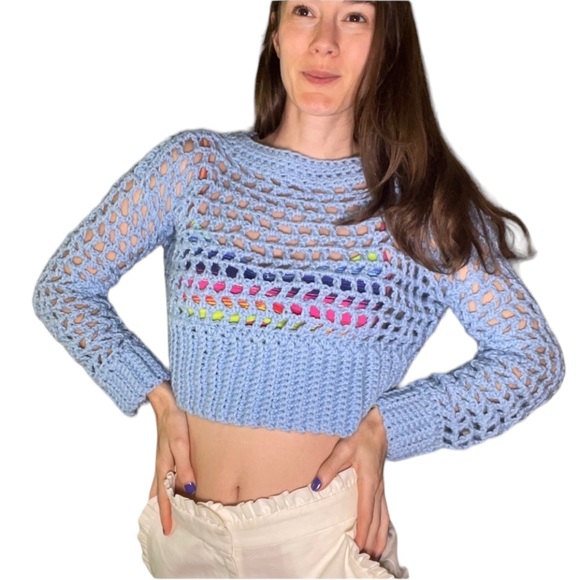 Sold 9/4/24 live Baby Blue Hand Crochet Cropped Sweater Top - Picture 4 of 7